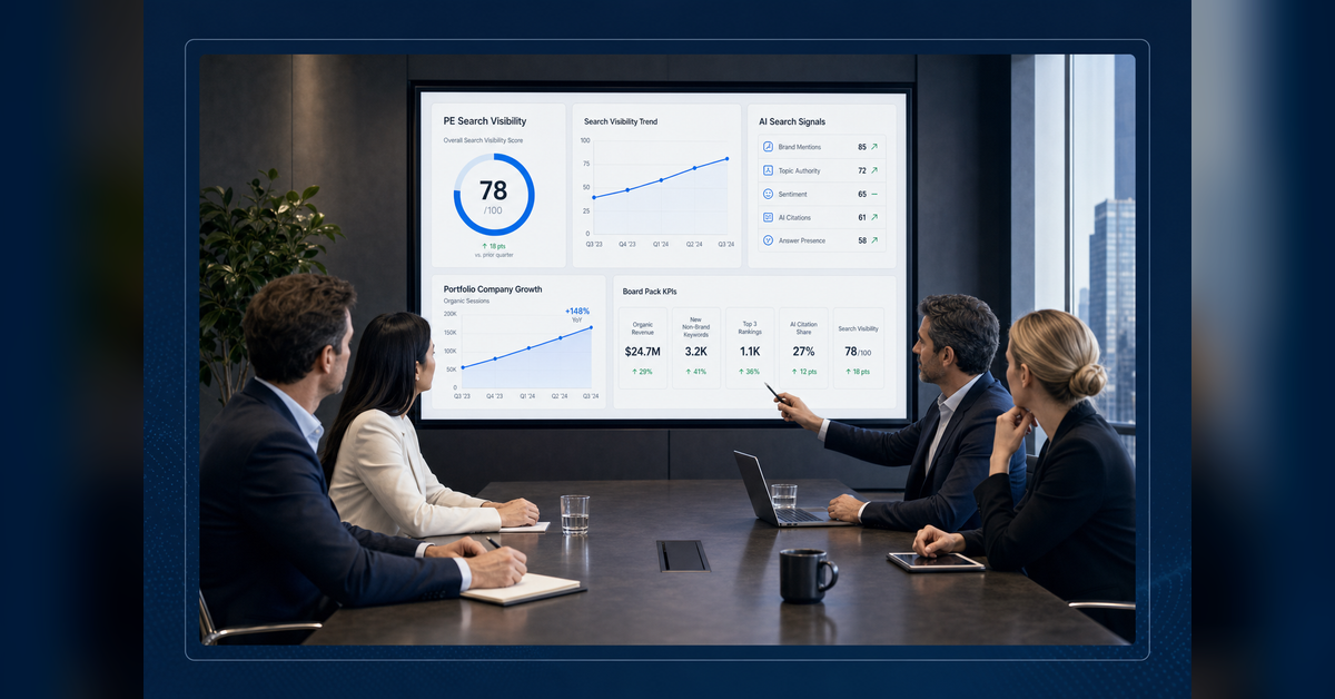 SEO for private equity firms search visibility dashboard for PortCo growth and board reporting