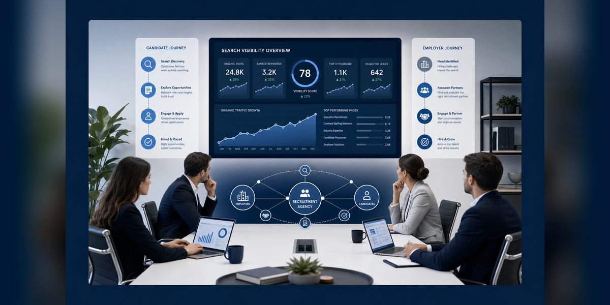 SEO for Recruitment Agencies strategy showing employer demand candidate trust and AI search visibility