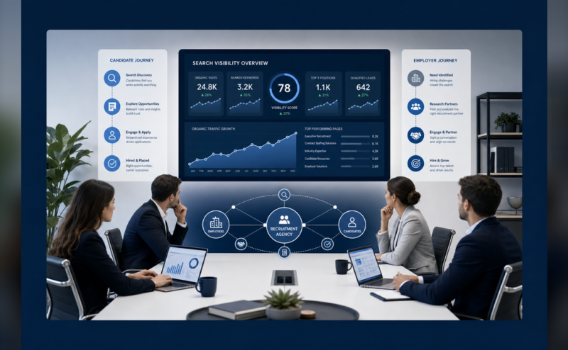 SEO for Recruitment Agencies strategy showing employer demand candidate trust and AI search visibility