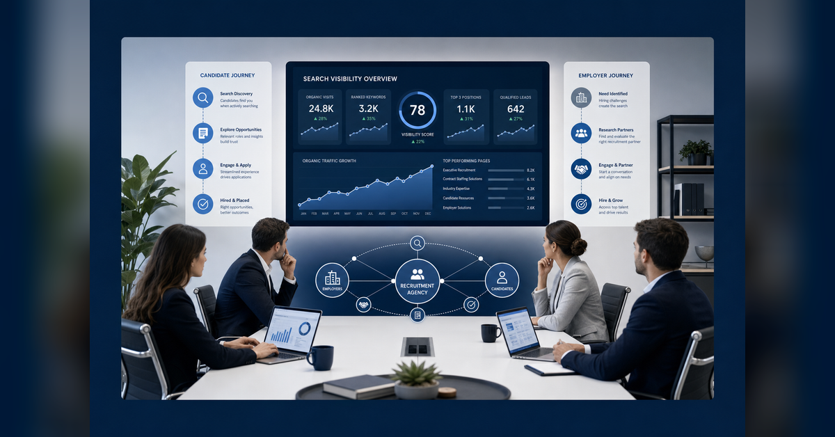 SEO for Recruitment Agencies strategy showing employer demand candidate trust and AI search visibility