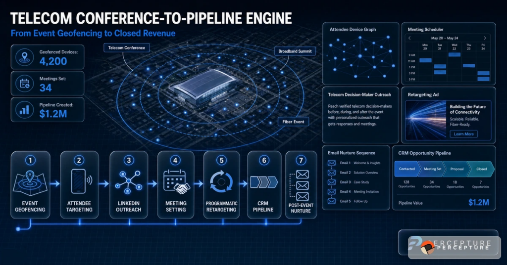 Telecom conference-to-pipeline engine for ISP marketing, dark fiber lead generation, geofencing, meeting setting, PR, and retargeting