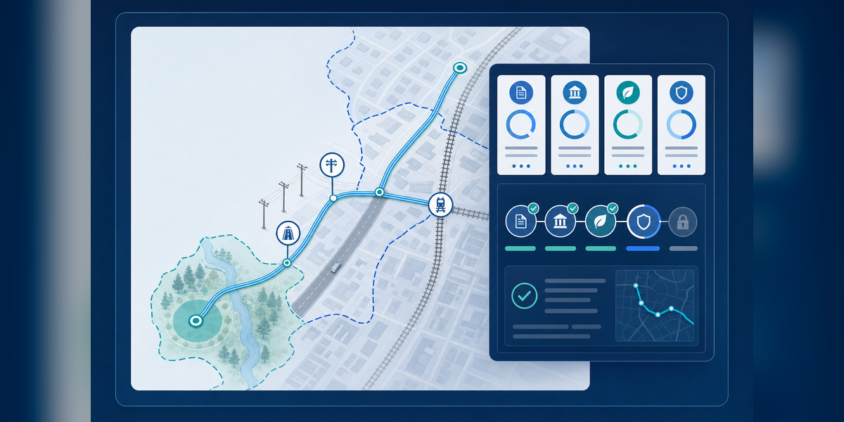 Telecom permit management connecting fiber route design, jurisdictions, right-of-way, pole attachments, approvals, construction, and closeout