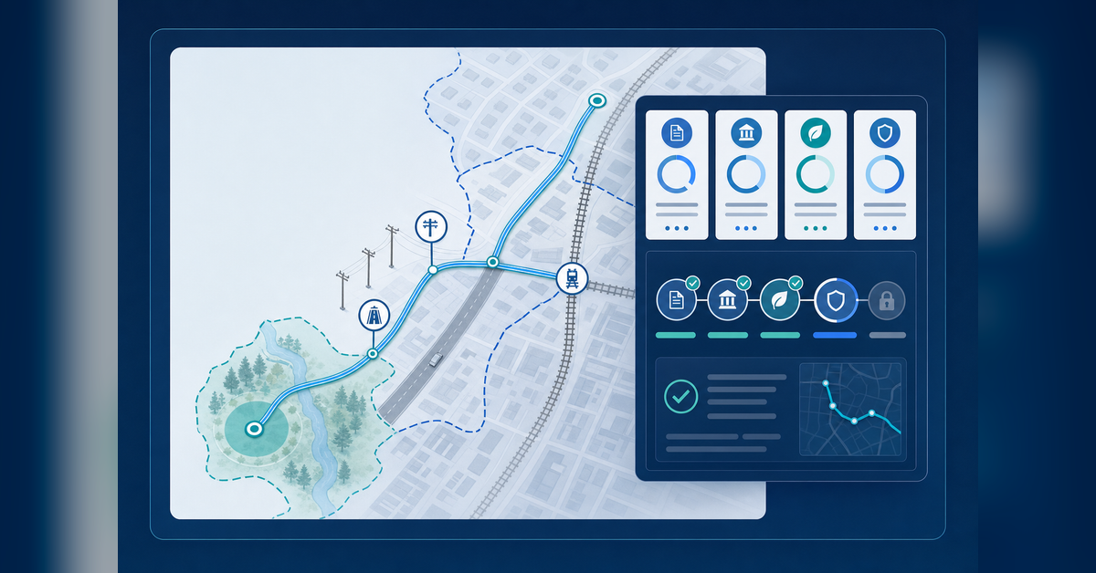 Telecom permit management connecting fiber route design, jurisdictions, right-of-way, pole attachments, approvals, construction, and closeout