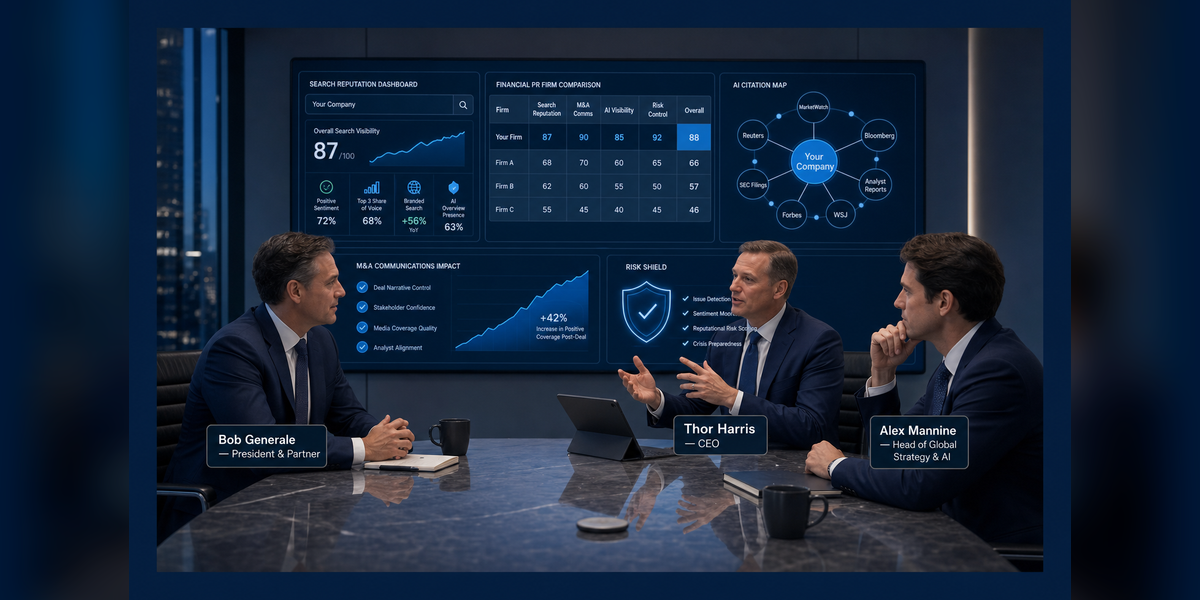 Percepture team leading Top Financial Services Public Relations Firms strategy across PR search AI visibility M&A communications and trust