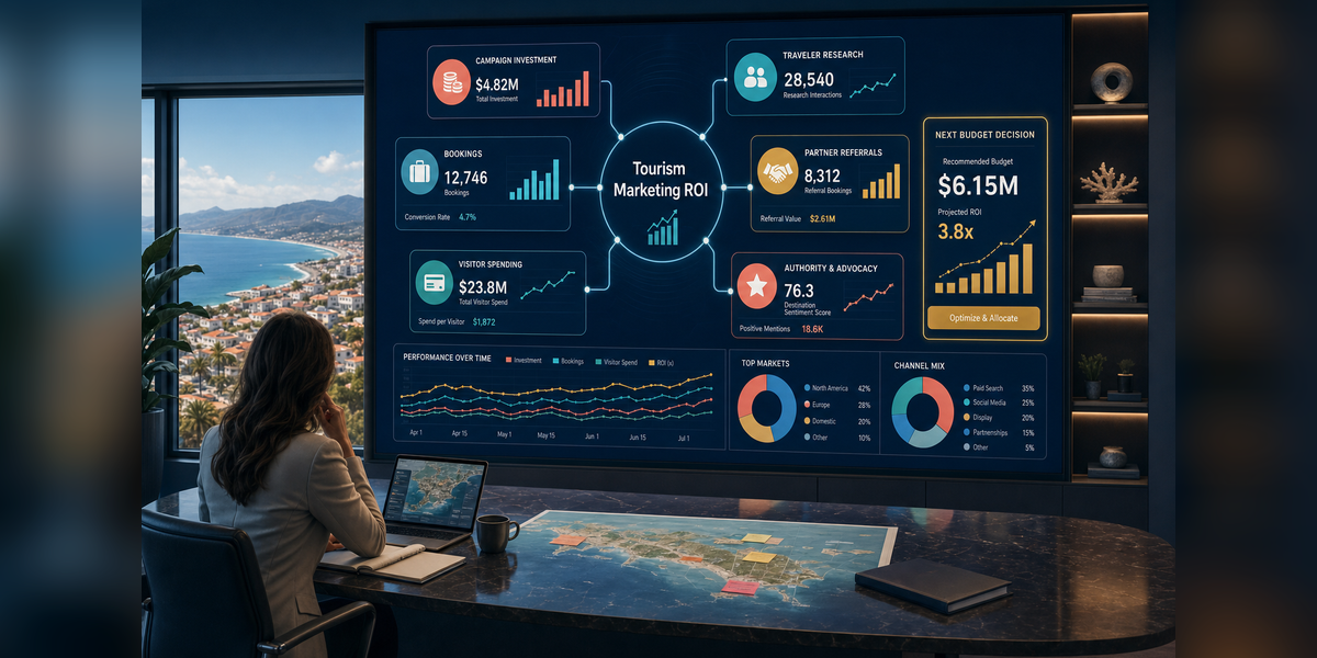 Tourism marketing ROI framework connecting campaign cost, traveler behavior, bookings, partner referrals, visitor spending and future demand