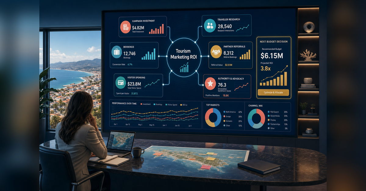 Tourism marketing ROI framework connecting campaign cost, traveler behavior, bookings, partner referrals, visitor spending and future demand