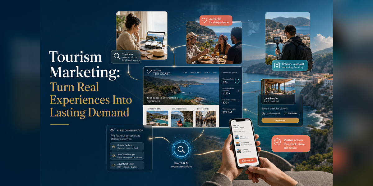 Tourism marketing system connecting traveler research, destination experiences, media, search visibility and visitor action