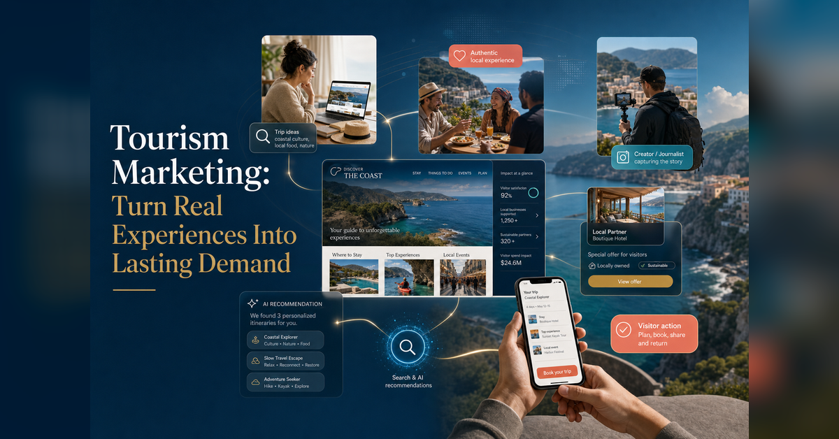 Tourism marketing system connecting traveler research, destination experiences, media, search visibility and visitor action