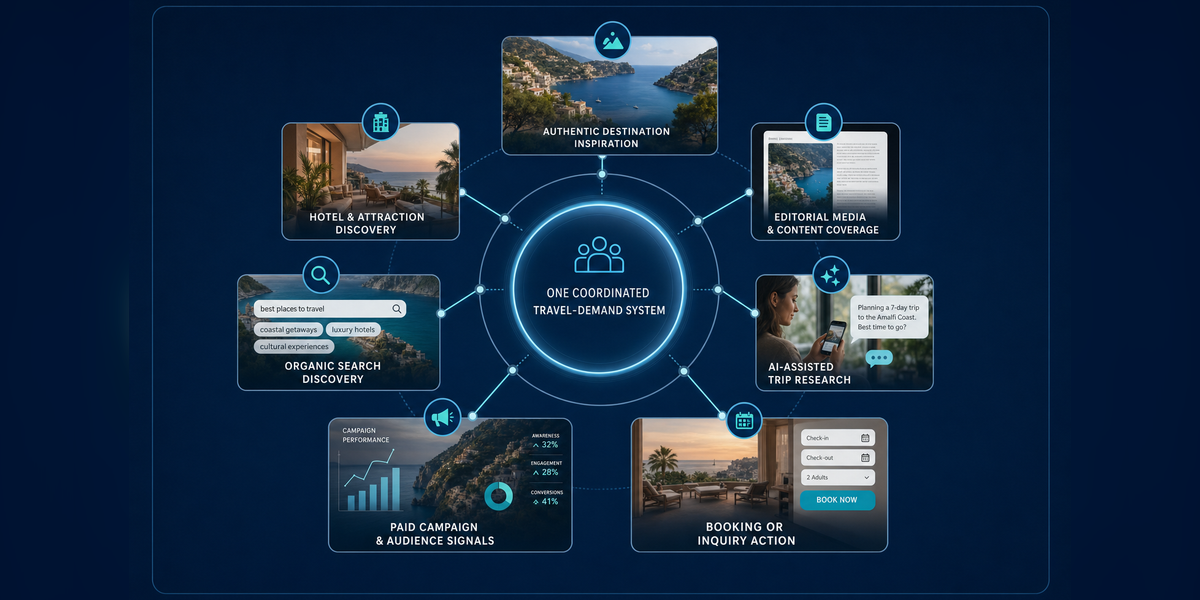 Travel and tourism marketing agency connecting story, search, media, AI discovery and booking demand