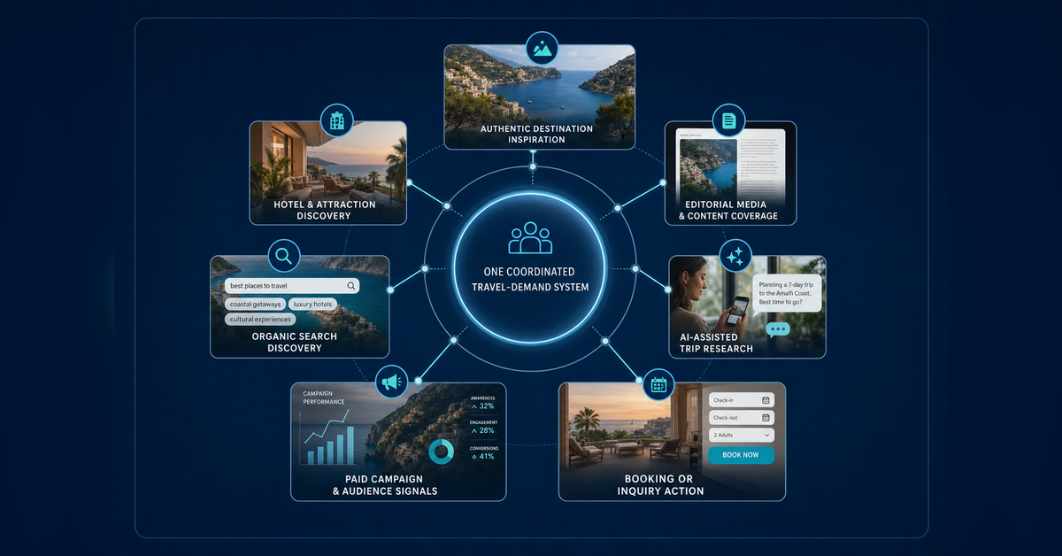 Travel and tourism marketing agency connecting story, search, media, AI discovery and booking demand