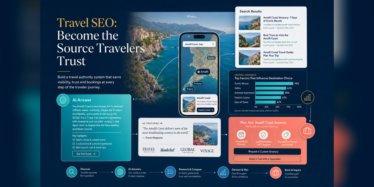 Travel SEO authority system connecting Google search, maps, media citations, original research, AI answers and traveler action