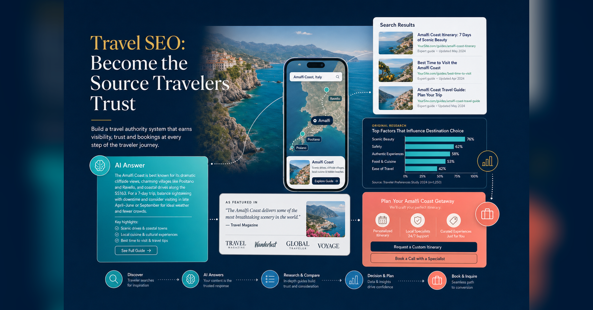 Travel SEO authority system connecting Google search, maps, media citations, original research, AI answers and traveler action