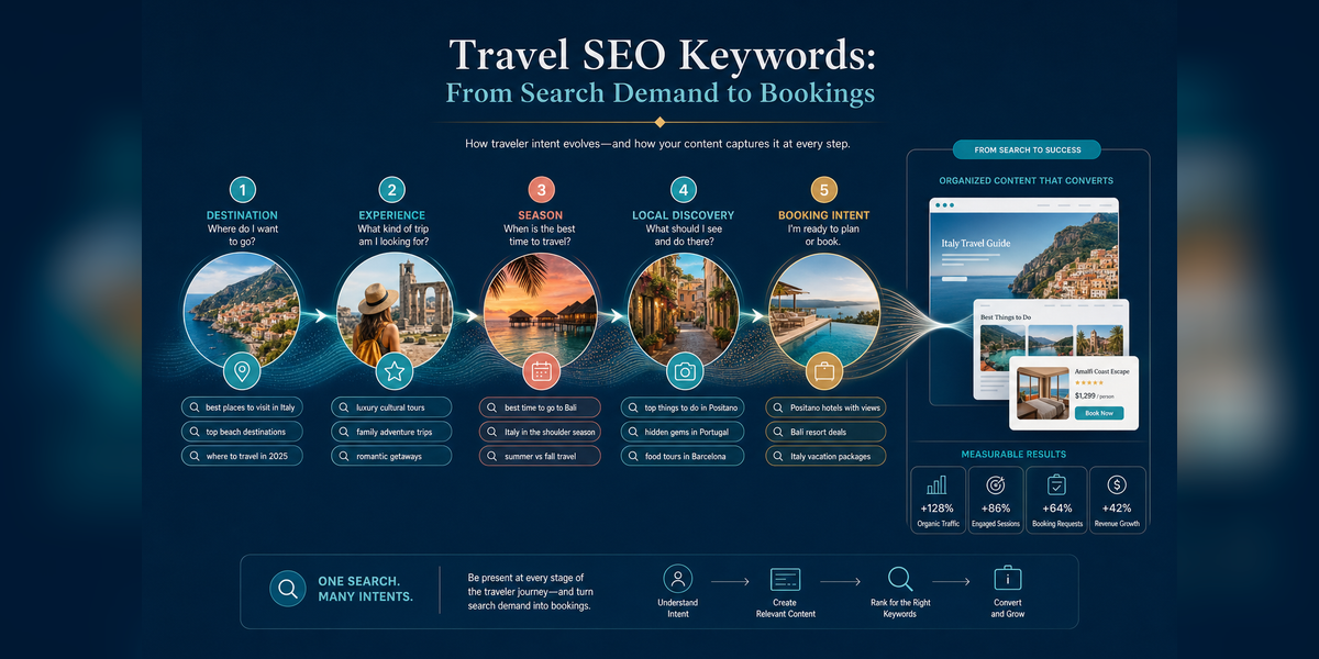 Travel SEO keywords mapped from destination and traveler intent to pages and booking actions