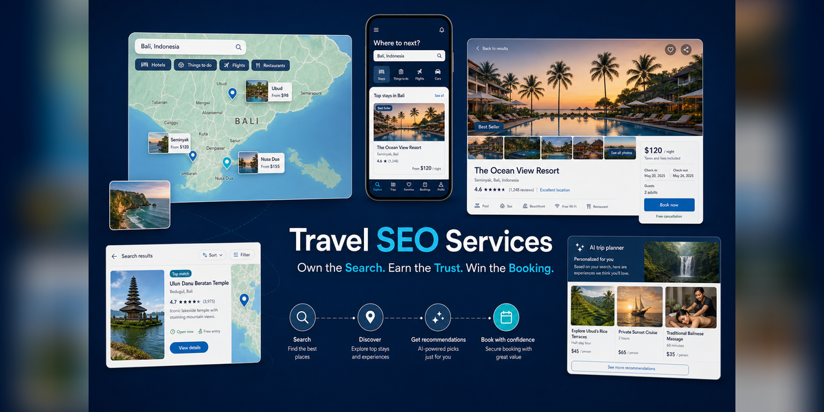 Travel SEO services connecting search, Maps, AI recommendations and direct booking pathways