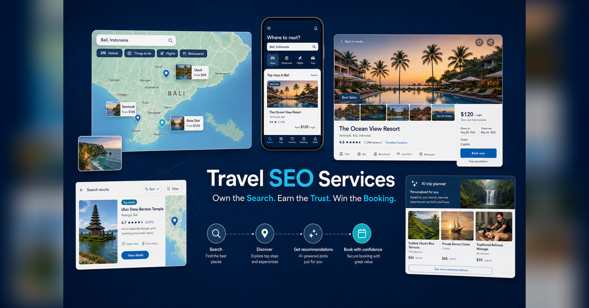 Travel SEO services connecting search, Maps, AI recommendations and direct booking pathways