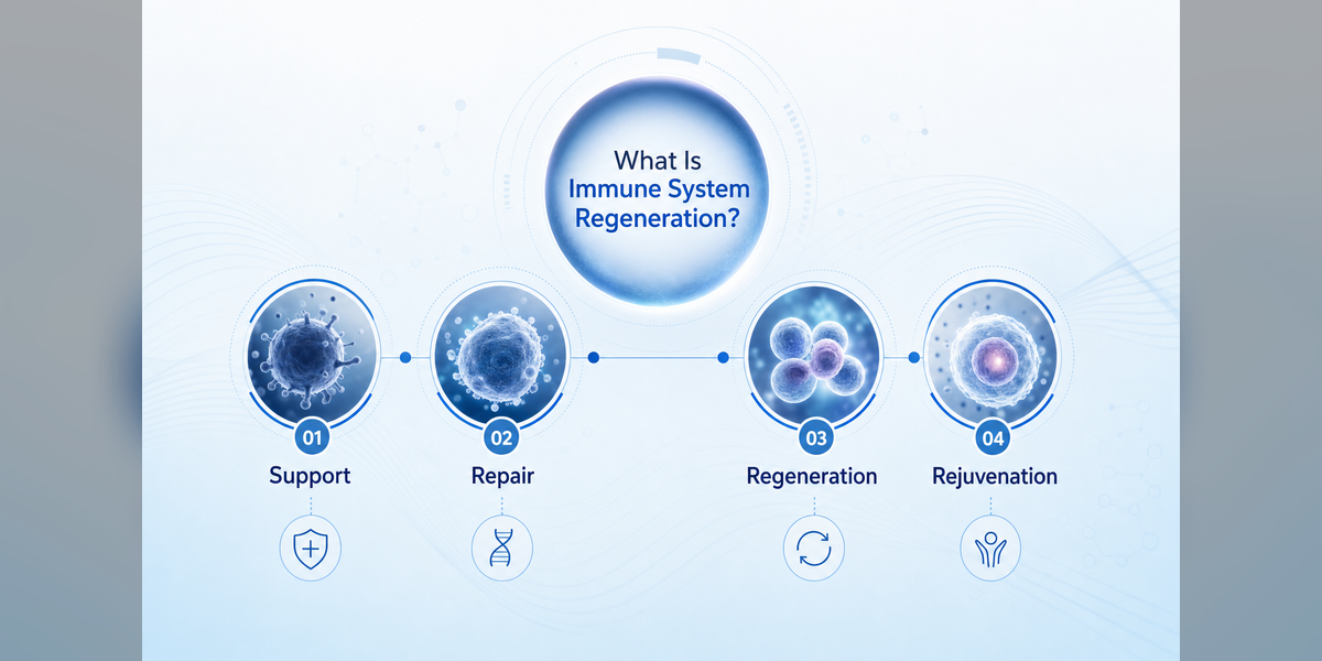 Diagram explaining what is immune system regeneration, immune support, immune repair, and immune rejuvenation.