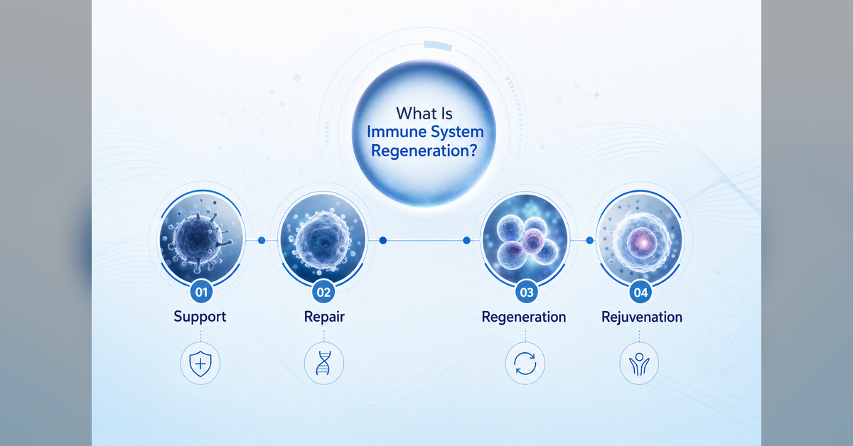 Diagram explaining what is immune system regeneration, immune support, immune repair, and immune rejuvenation.