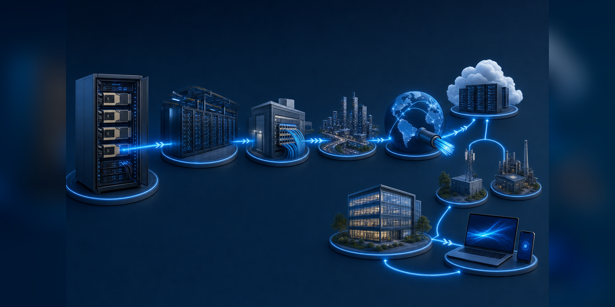 AI Network Infrastructure path from GPU clusters through data centers, fiber transport, cloud, edge and users