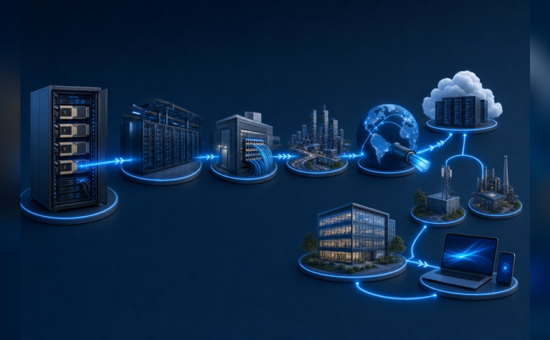 AI Network Infrastructure path from GPU clusters through data centers, fiber transport, cloud, edge and users
