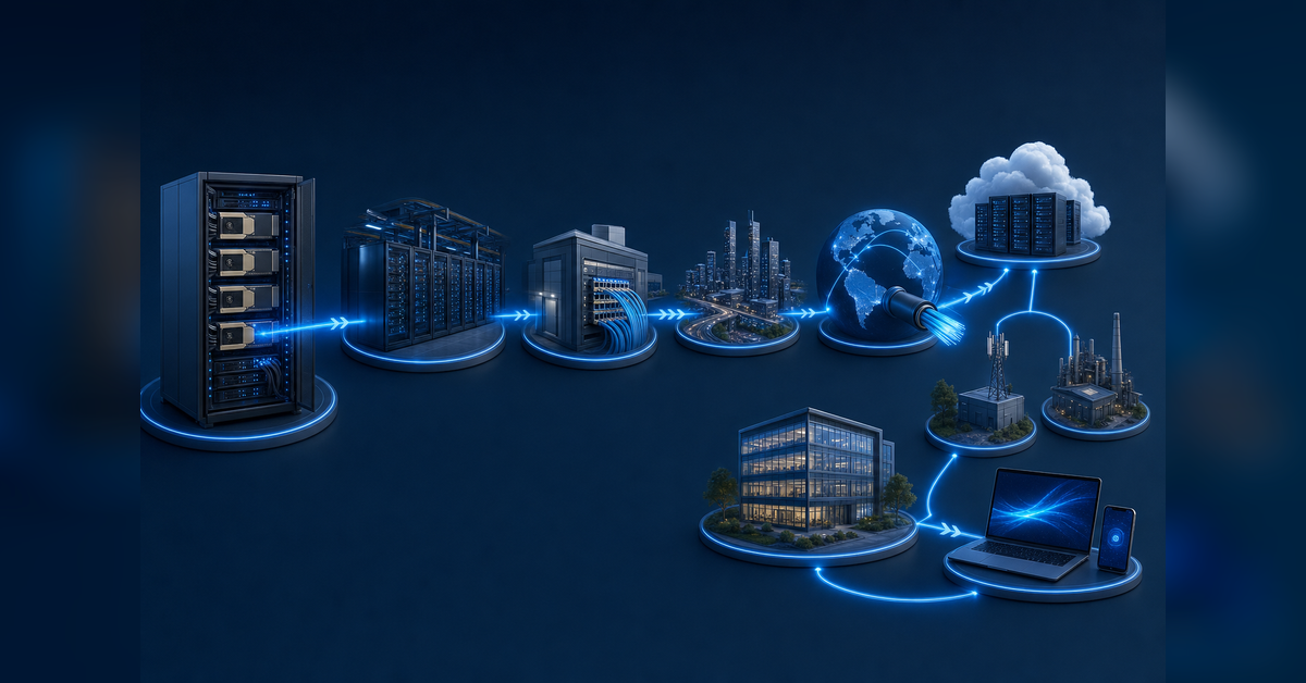 AI Network Infrastructure path from GPU clusters through data centers, fiber transport, cloud, edge and users