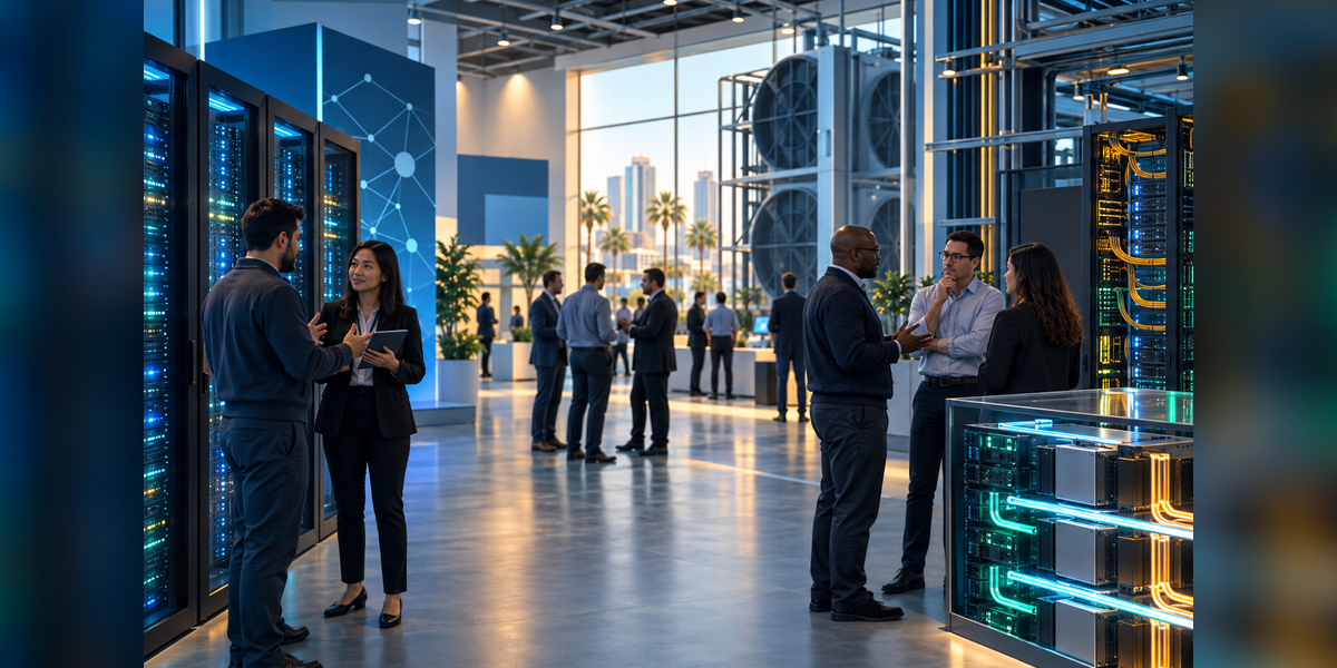 Open-compute conference attendees discussing data center power, cooling, servers, and fiber infrastructure
