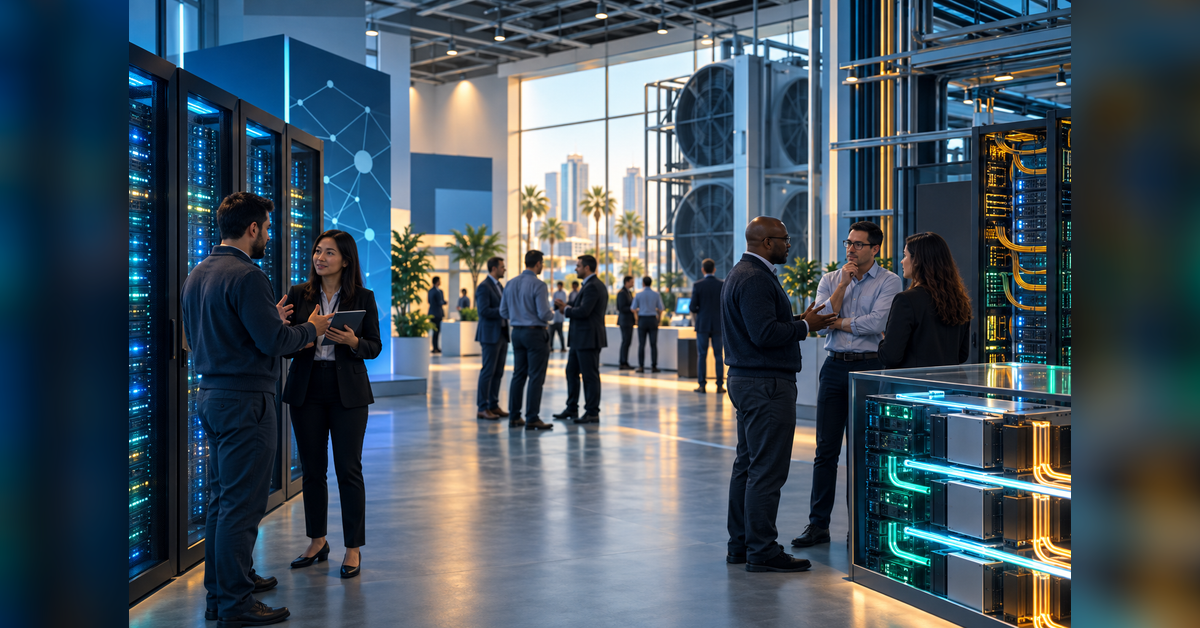 Open-compute conference attendees discussing data center power, cooling, servers, and fiber infrastructure