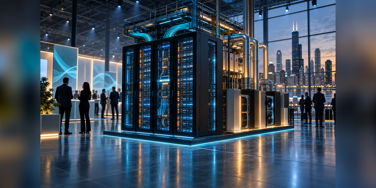 Abstract high-performance computing, networking, and data center infrastructure representing SC26 in Chicago