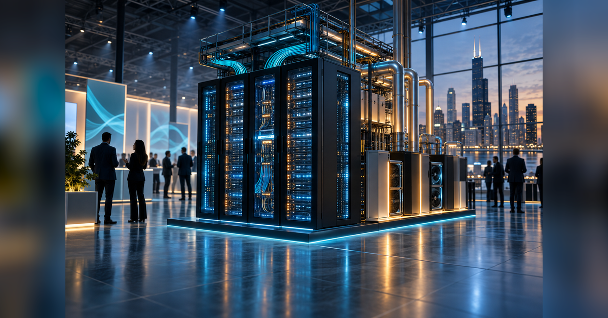 Abstract high-performance computing, networking, and data center infrastructure representing SC26 in Chicago