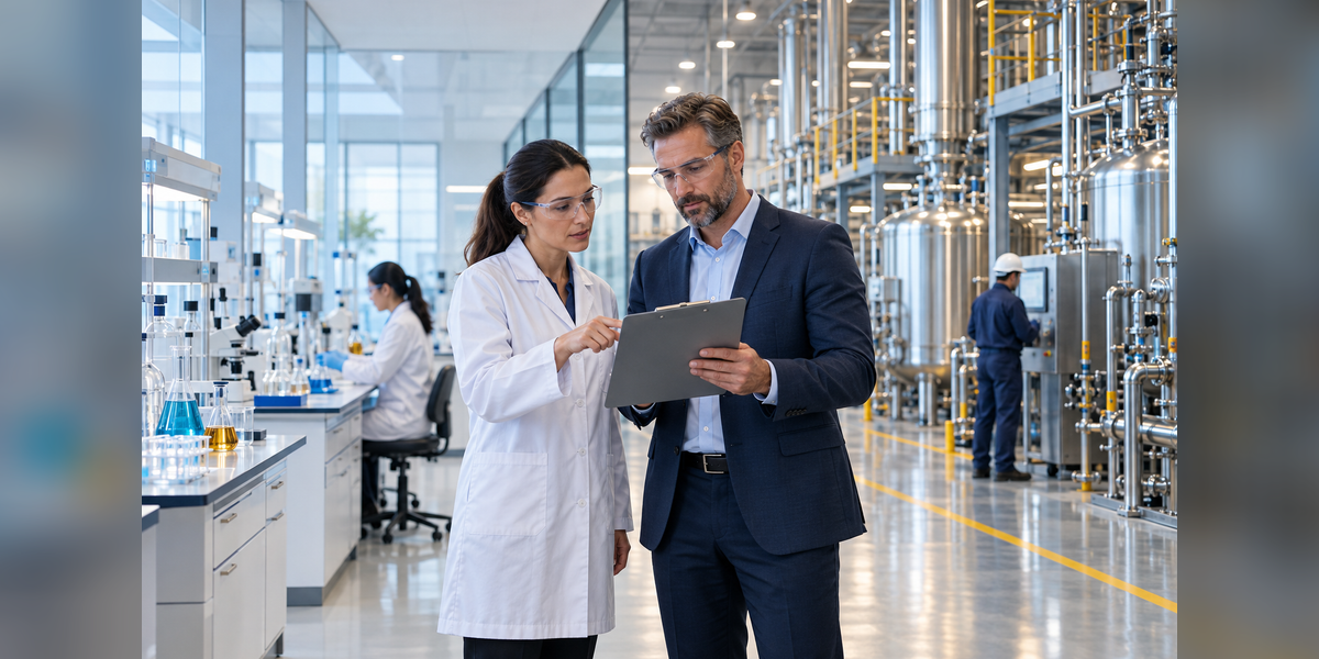 Technical and business leaders comparing a custom chemical manufacturing facility