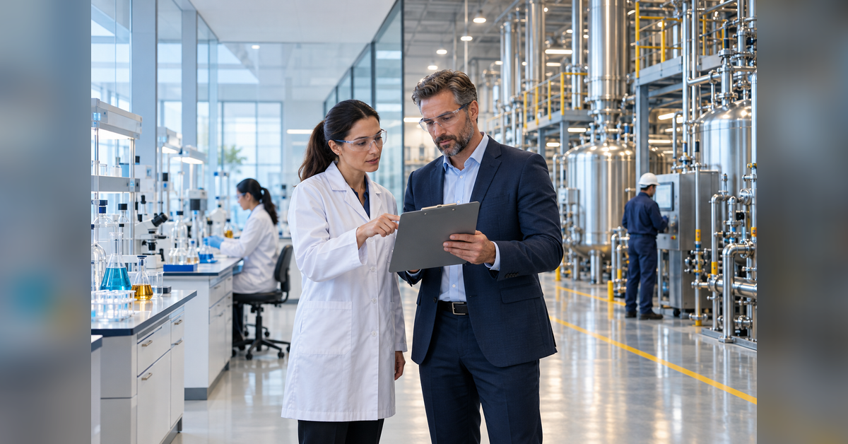 Technical and business leaders comparing a custom chemical manufacturing facility