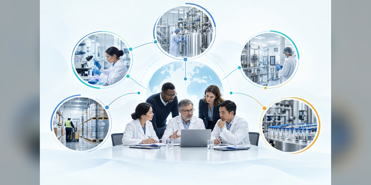 Biopharma team coordinating a CDMO outsourcing strategy across development and manufacturing partners