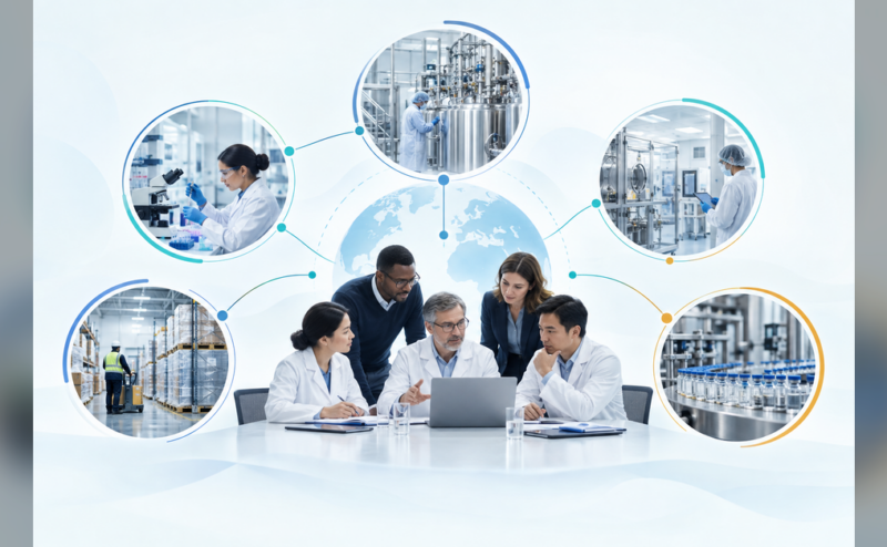 Biopharma team coordinating a CDMO outsourcing strategy across development and manufacturing partners
