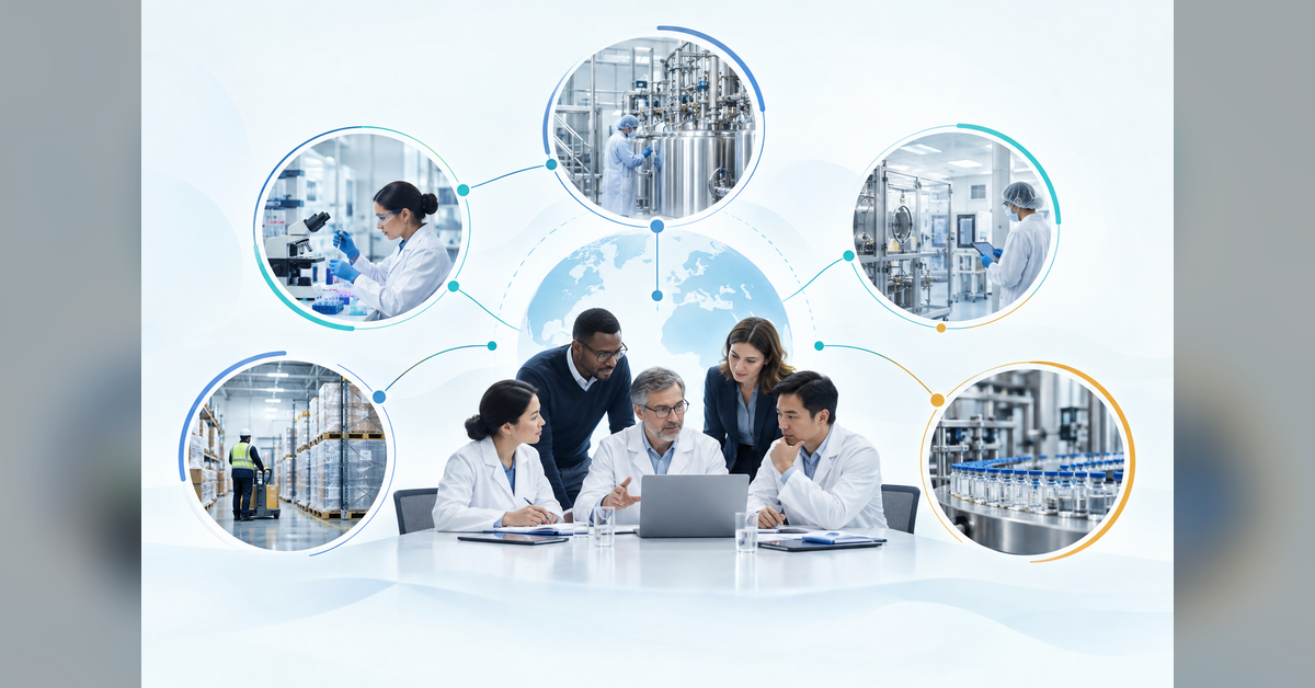 Biopharma team coordinating a CDMO outsourcing strategy across development and manufacturing partners