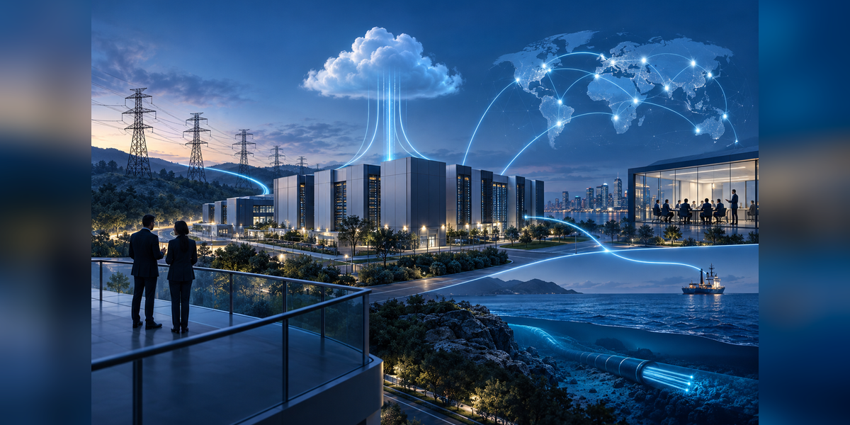 Data center infrastructure connected with power, fiber, cloud, subsea networks and an international conference ecosystem