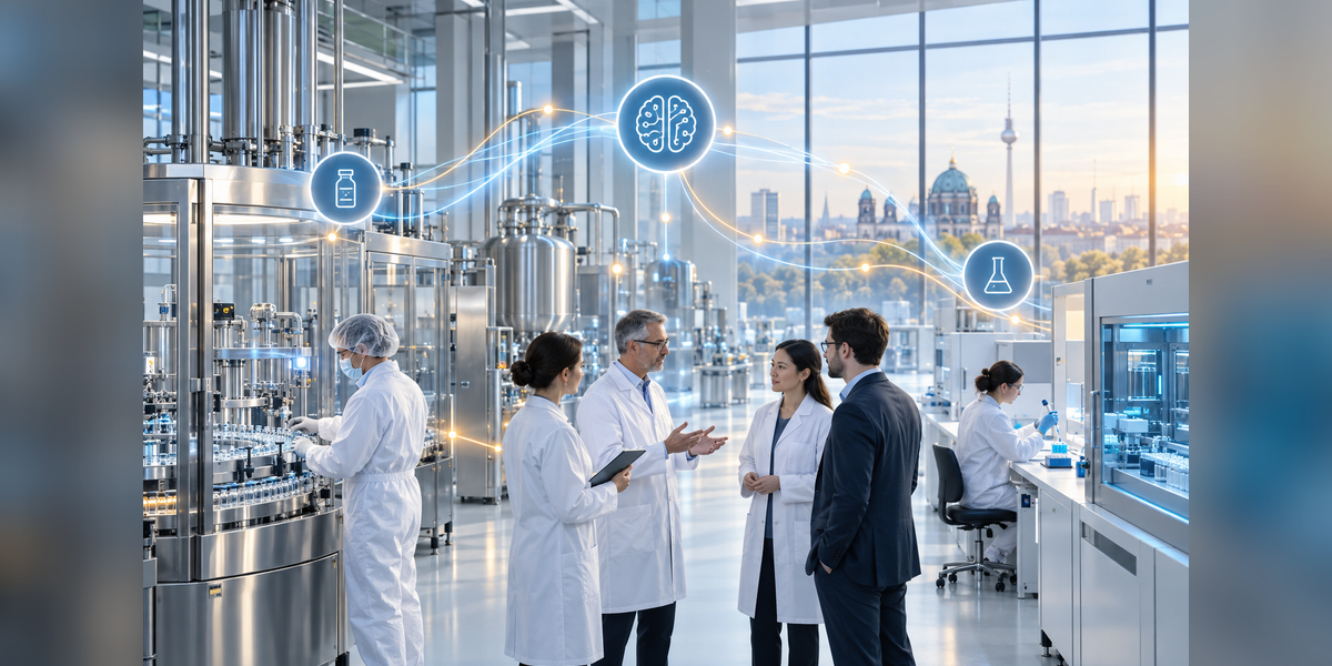 Artificial intelligence connections inside a modern pharmaceutical manufacturing facility in Berlin