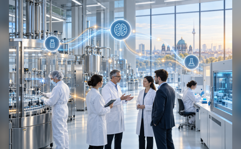 Artificial intelligence connections inside a modern pharmaceutical manufacturing facility in Berlin
