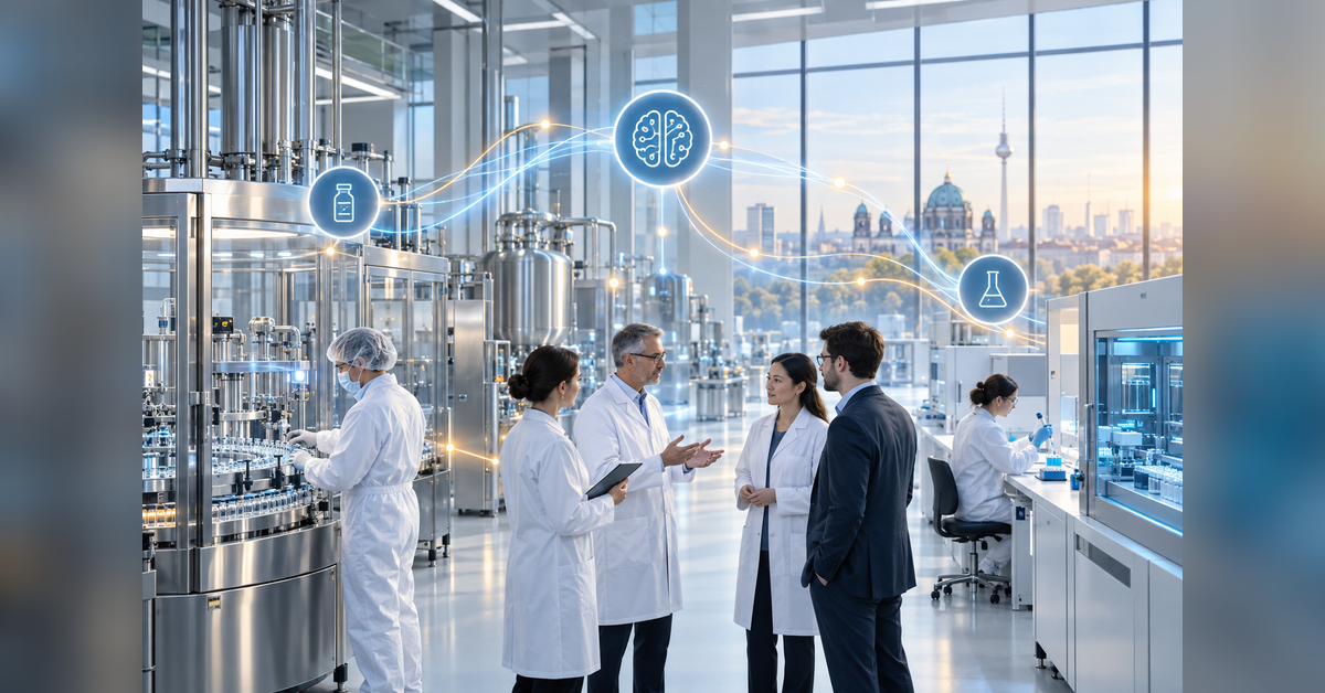 Artificial intelligence connections inside a modern pharmaceutical manufacturing facility in Berlin