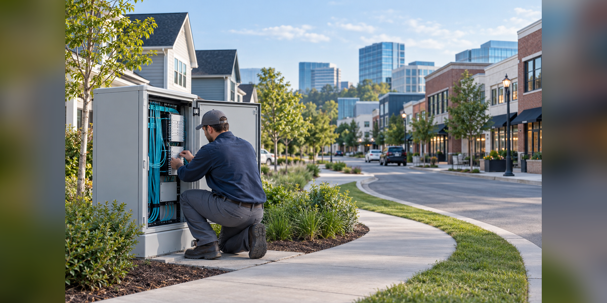 Conceptual fiber infrastructure serving a residential neighborhood and business district