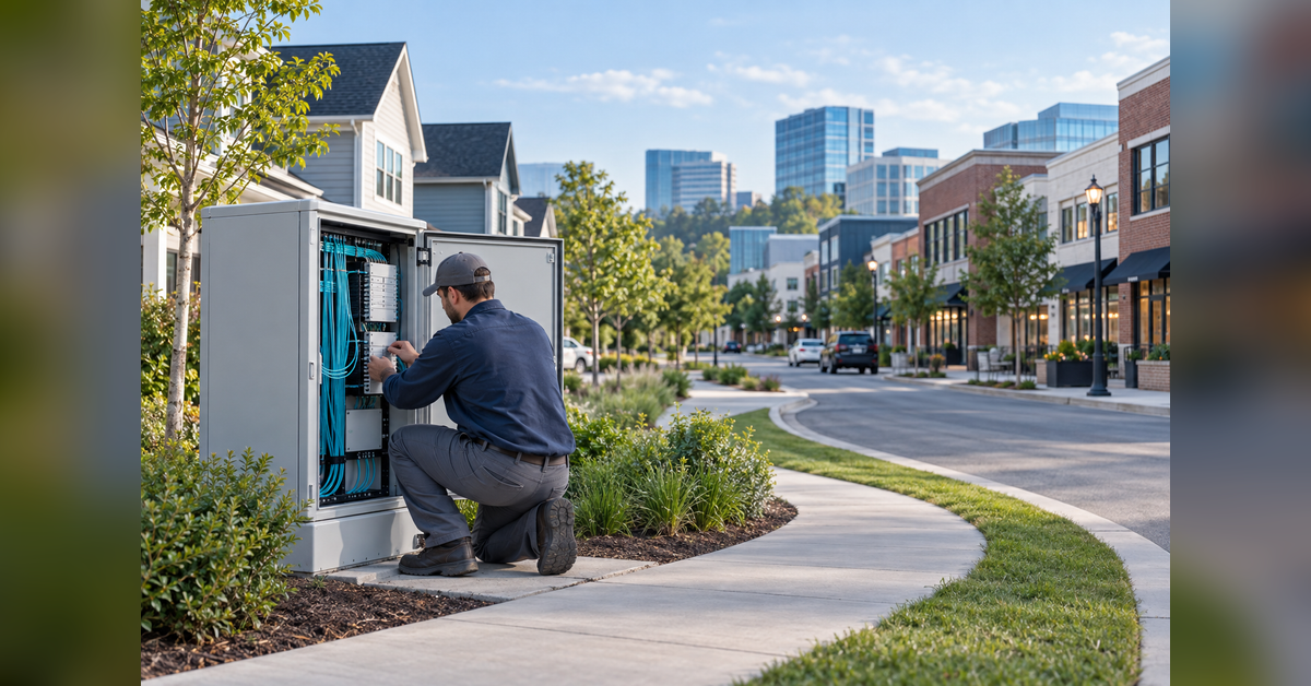 Conceptual fiber infrastructure serving a residential neighborhood and business district