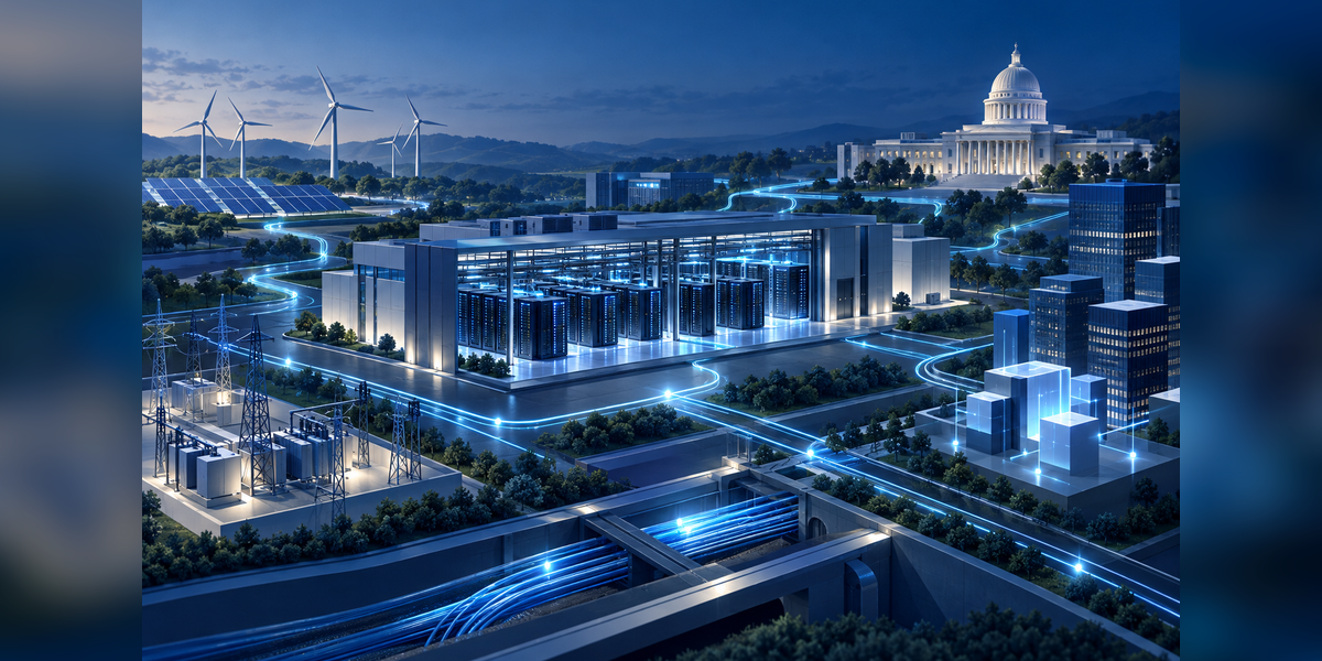 Editorial illustration of AI data center power, fiber, capital and policy themes