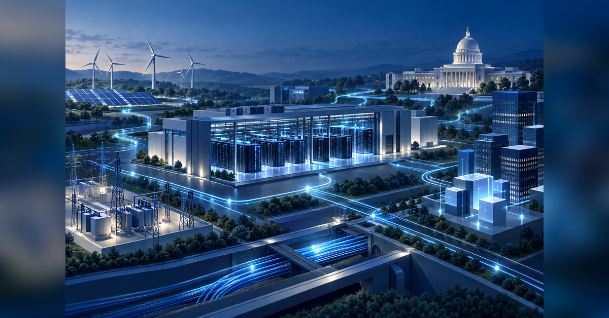 Editorial illustration of AI data center power, fiber, capital and policy themes