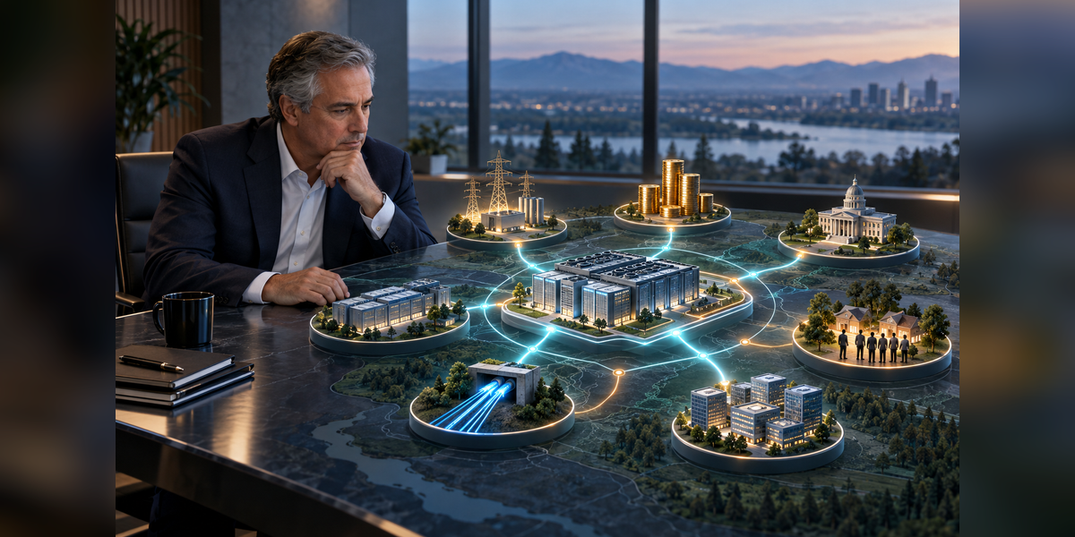 Executive reviewing an AI infrastructure strategy across power, capital, data centers, connectivity, policy, community, and demand