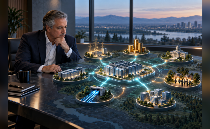Executive reviewing an AI infrastructure strategy across power, capital, data centers, connectivity, policy, community, and demand