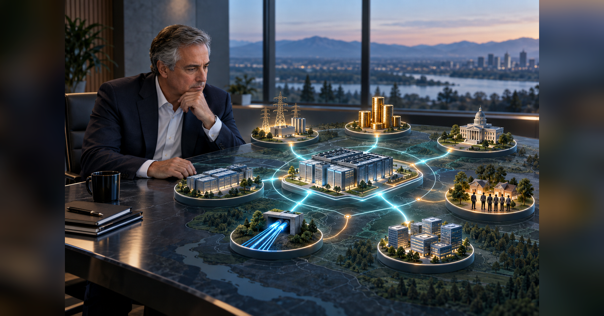 Executive reviewing an AI infrastructure strategy across power, capital, data centers, connectivity, policy, community, and demand