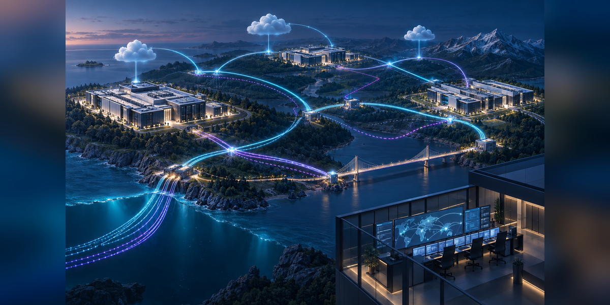 Conceptual AI-grade fiber network connecting data center campuses through diverse routes