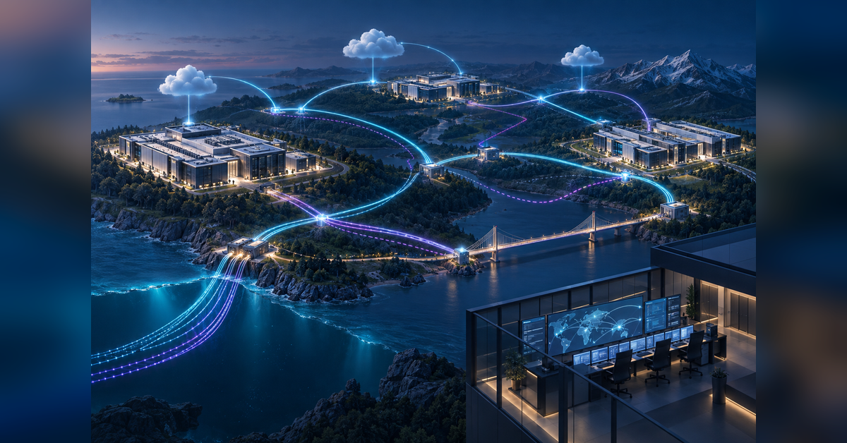 Conceptual AI-grade fiber network connecting data center campuses through diverse routes