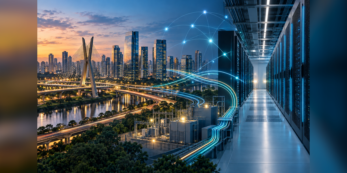 São Paulo skyline connected to data center power, fiber, and network infrastructure