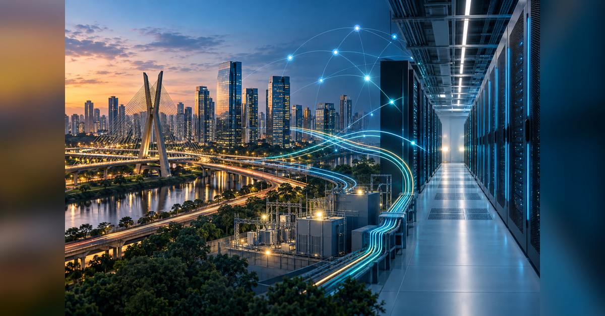 São Paulo skyline connected to data center power, fiber, and network infrastructure