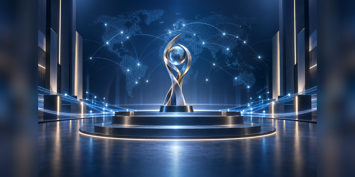 Abstract digital infrastructure award stage with interconnected network pathways