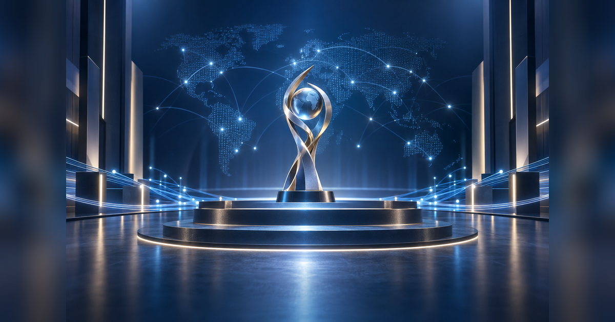Abstract digital infrastructure award stage with interconnected network pathways